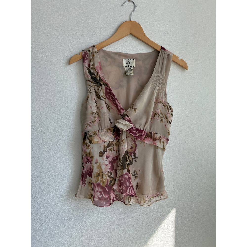 ICE Women 100% Silk Floral Sleeveless Blouse V-Neck Rosette Tan Mauve Size M